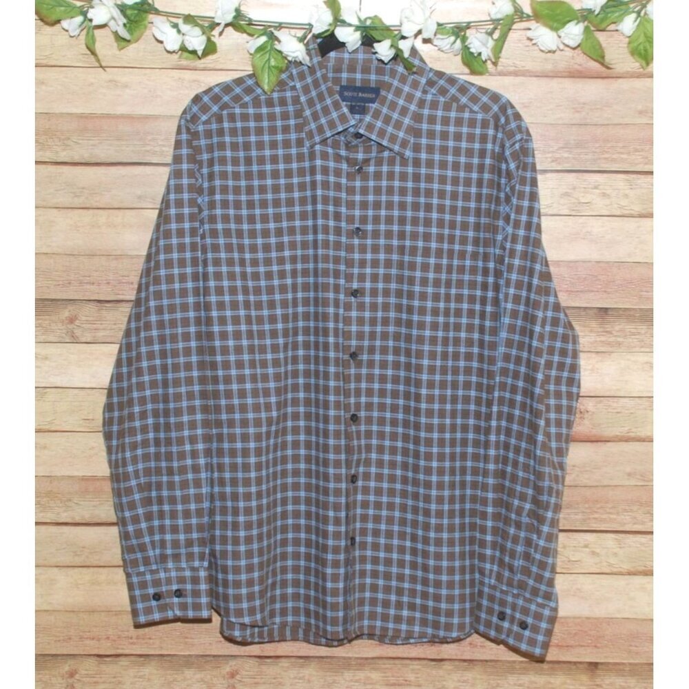 Scott Barber Brown & Blue Plaid Long Sleeve Shirt Size L Cotton Button Up Casual